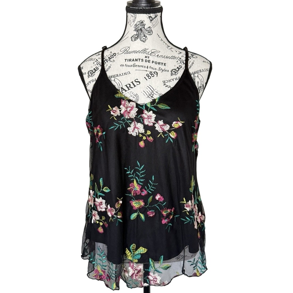 Black Floral Tank Top Women's Sz L Sleeveless Round Neck Summer Boho Blouse